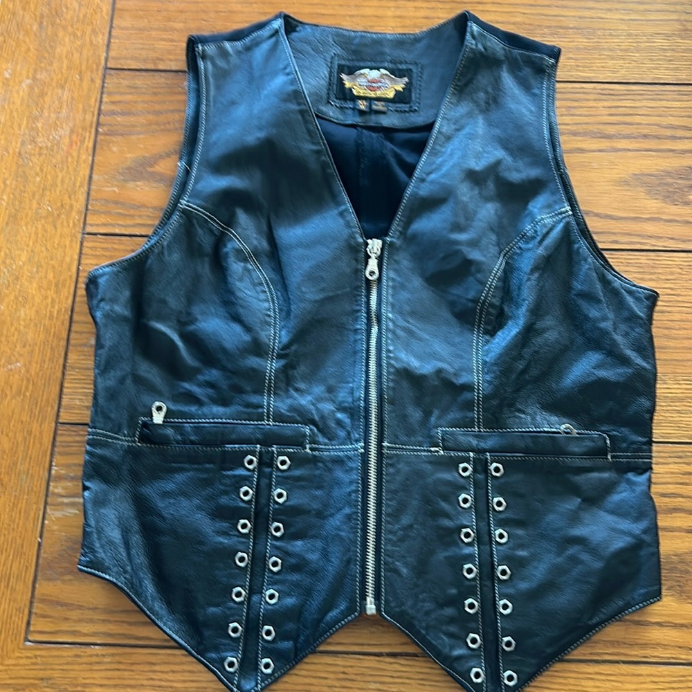 Harley Davidson Black Leather Vest - Lace up Stretch Back Women's XL